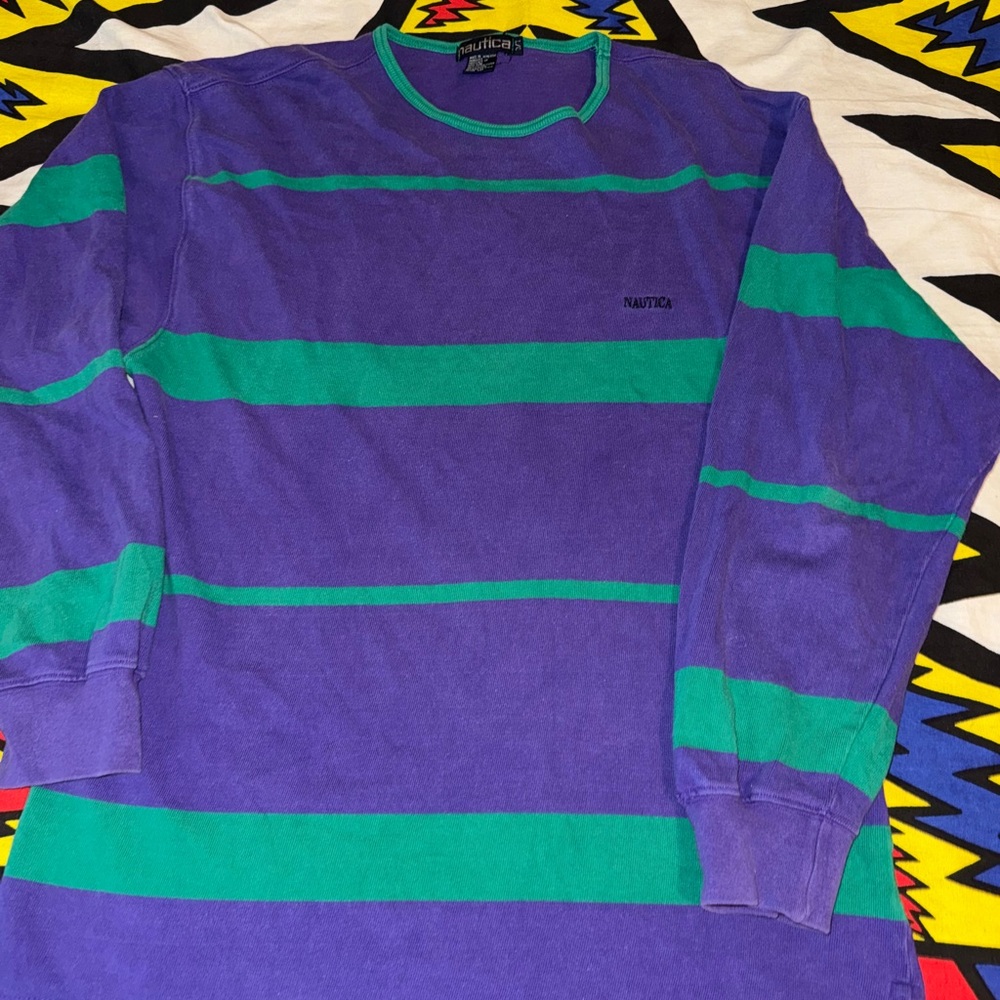 Vintage Nautica Purple and Green Striped Long Sleeve Men’s